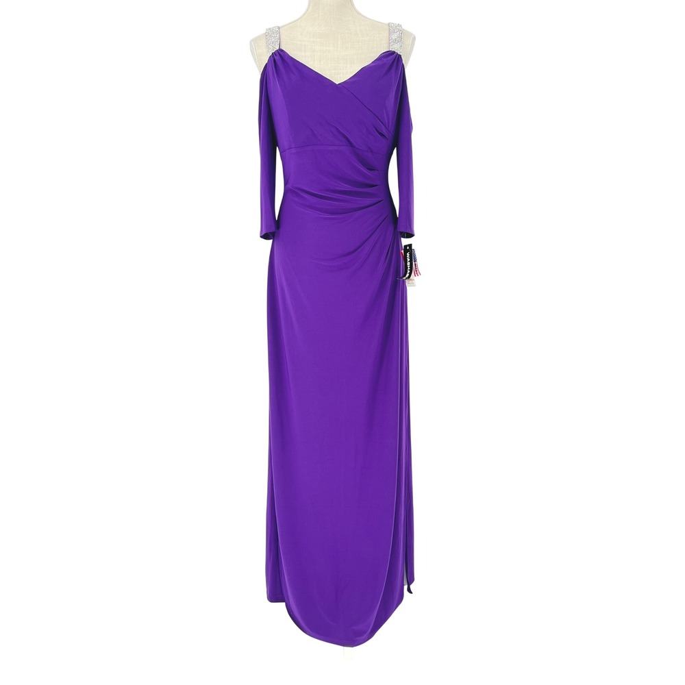 R&M Richards Gown Women 12 Purple Cold Shoulder Rhinestone Formal Evening Dress